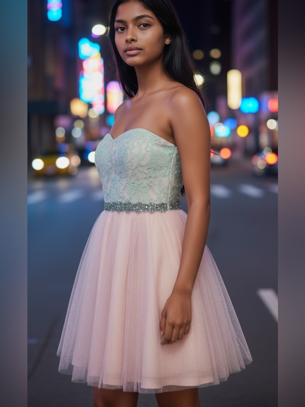 Deb Strapless Lace Bodice Mint and Blush Tulle Dress